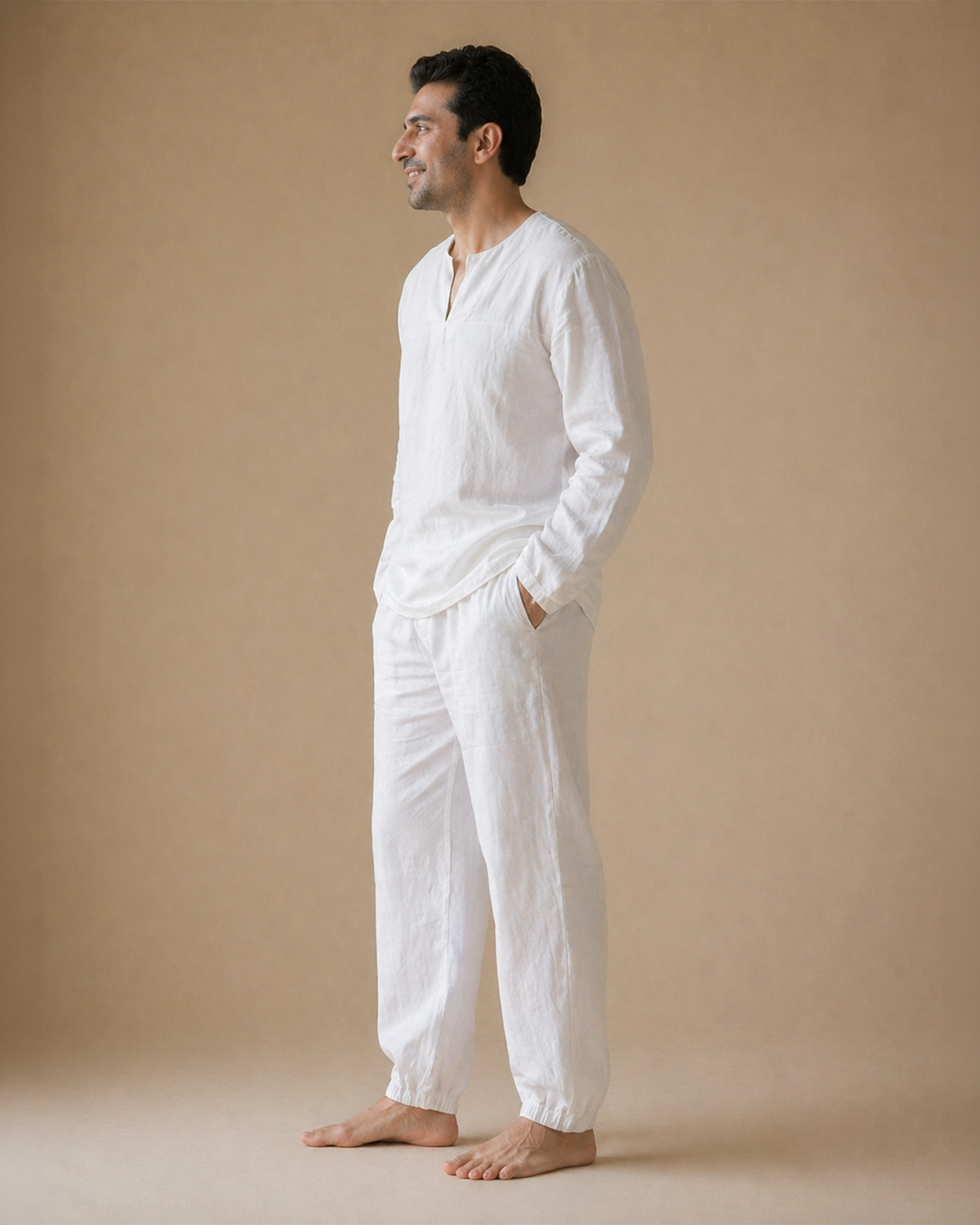 Men’s off white linen co ord set – v neck kurta top & pants