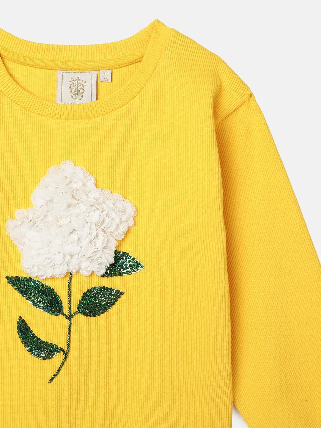 Yellow 3D Floral Embroidered Cotton Sweatshirt - BYB PREMIUM