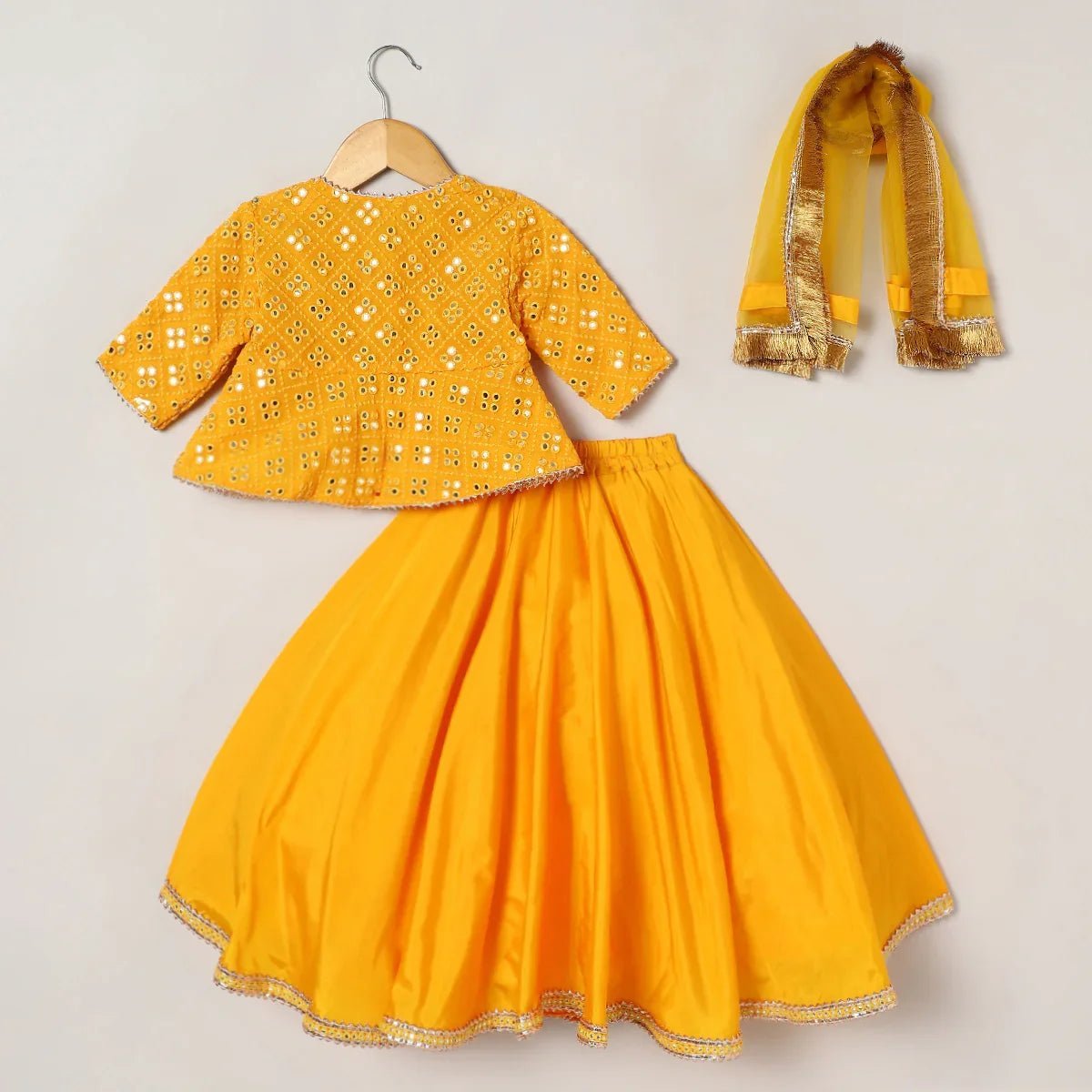 Yellow & gold mirror work lehenga set for girls | georgette & art silk   byb premium