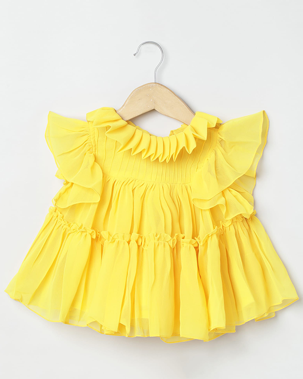 Yellow chiffon woven frill sleeve solid dress for girls