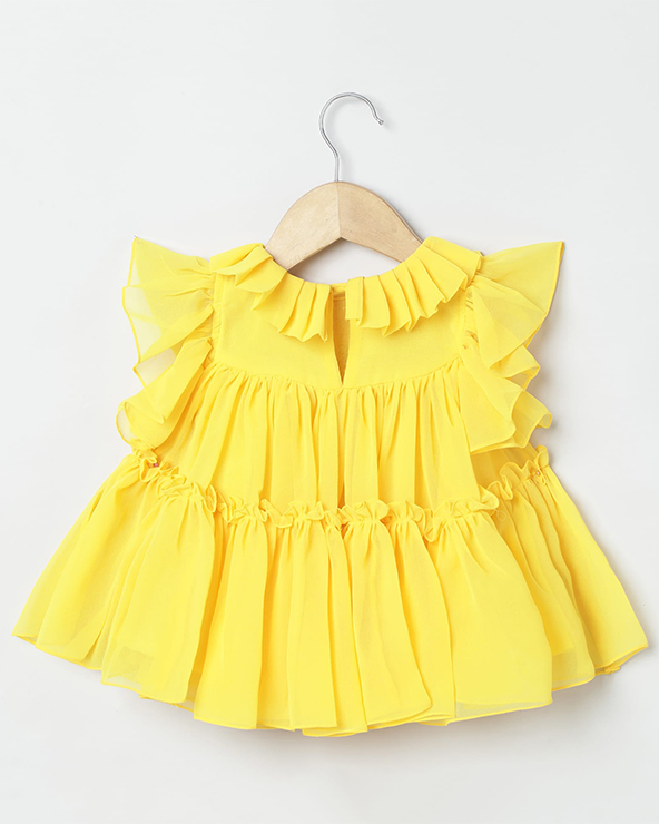 Yellow chiffon woven frill sleeve solid dress for girls