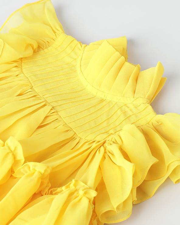 Yellow chiffon woven frill sleeve solid dress for girls