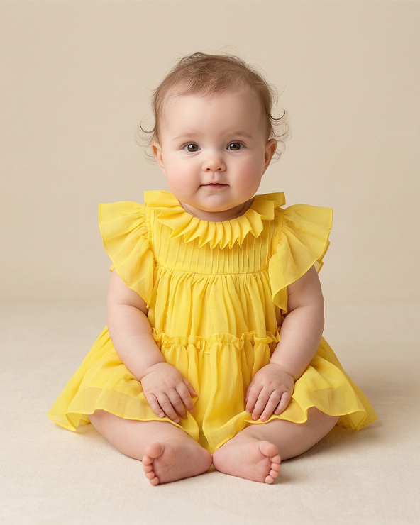 Yellow chiffon woven frill sleeve solid dress for girls