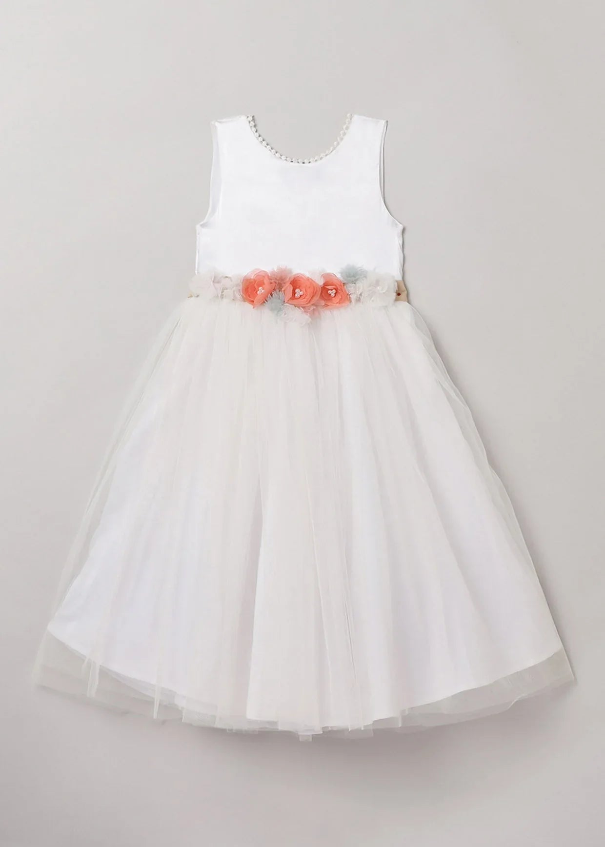 White Satin Party Dress with Pearl Embellishments
