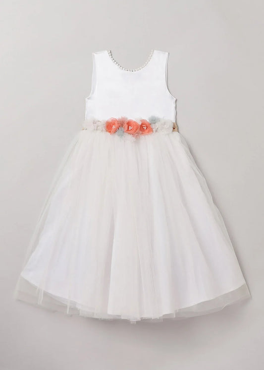 White Satin Party Dress with Pearl Embellishments