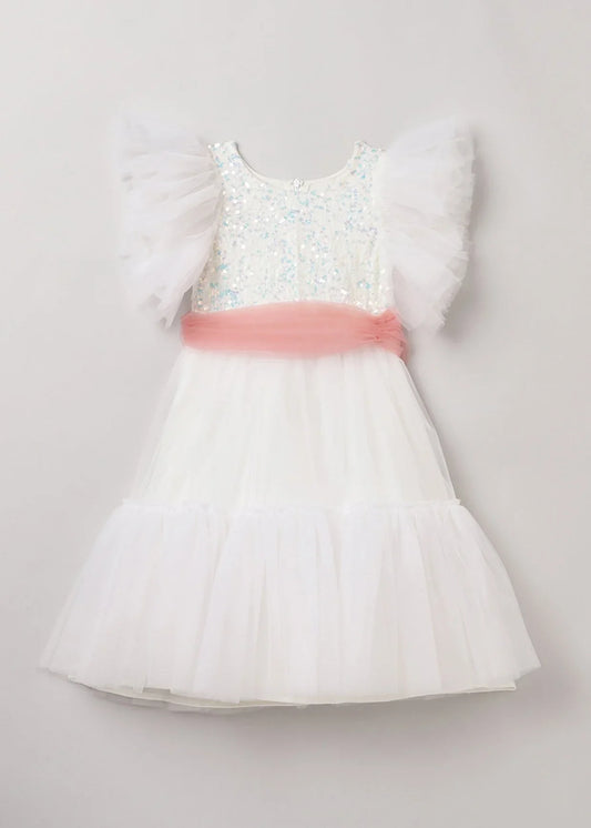 White Dress with Pastel Pink Sash and Velvet Sequin Detailing