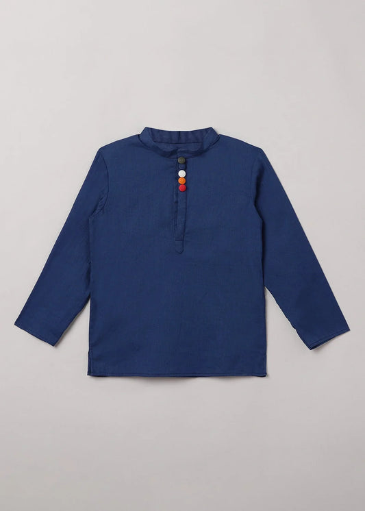 Royal Blue Cotton-Linen Short Kurta with Mandarin Collar