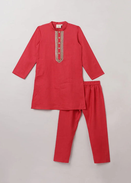 Red Linen Kurta Pajama Set