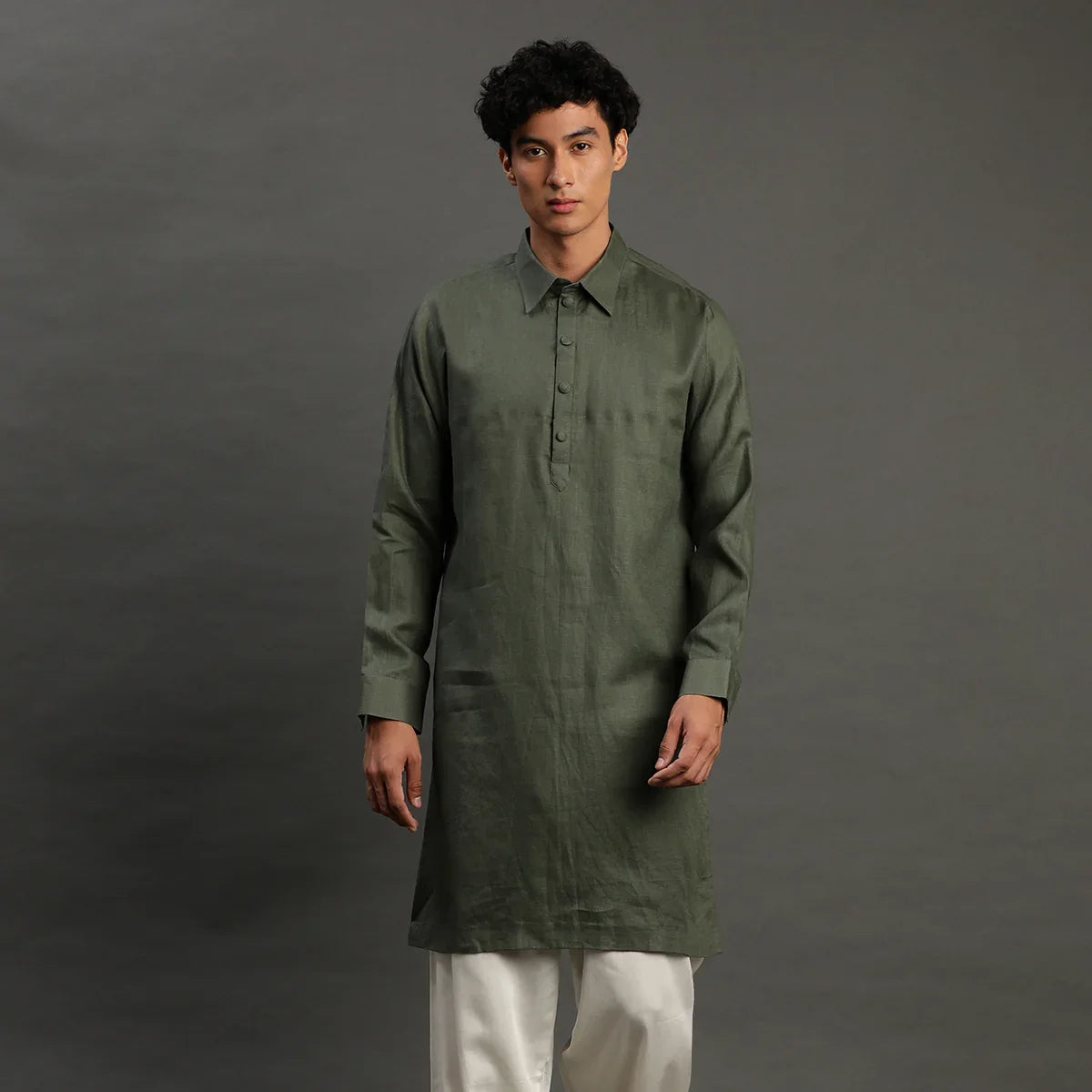 2Pcs Olive Linen Kurta Set