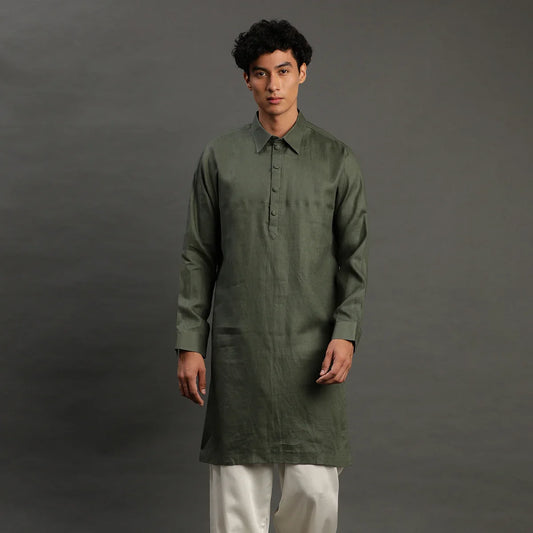 2Pcs Olive Linen Kurta Set