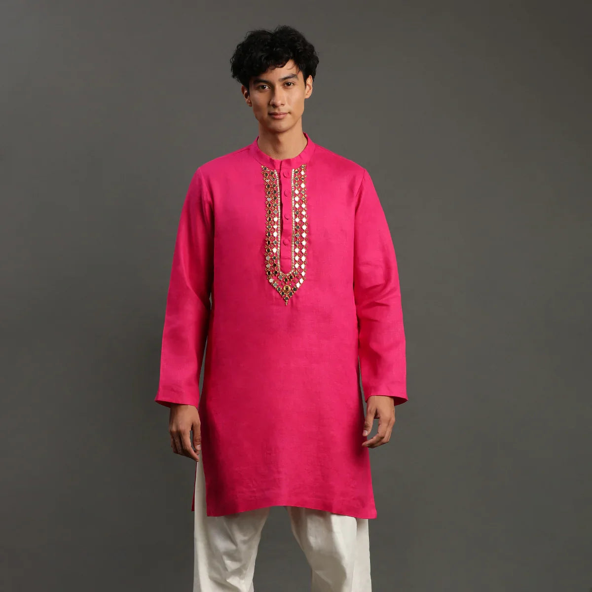 Fuchsia Pink Linen Kurta Pyjama Set for Men