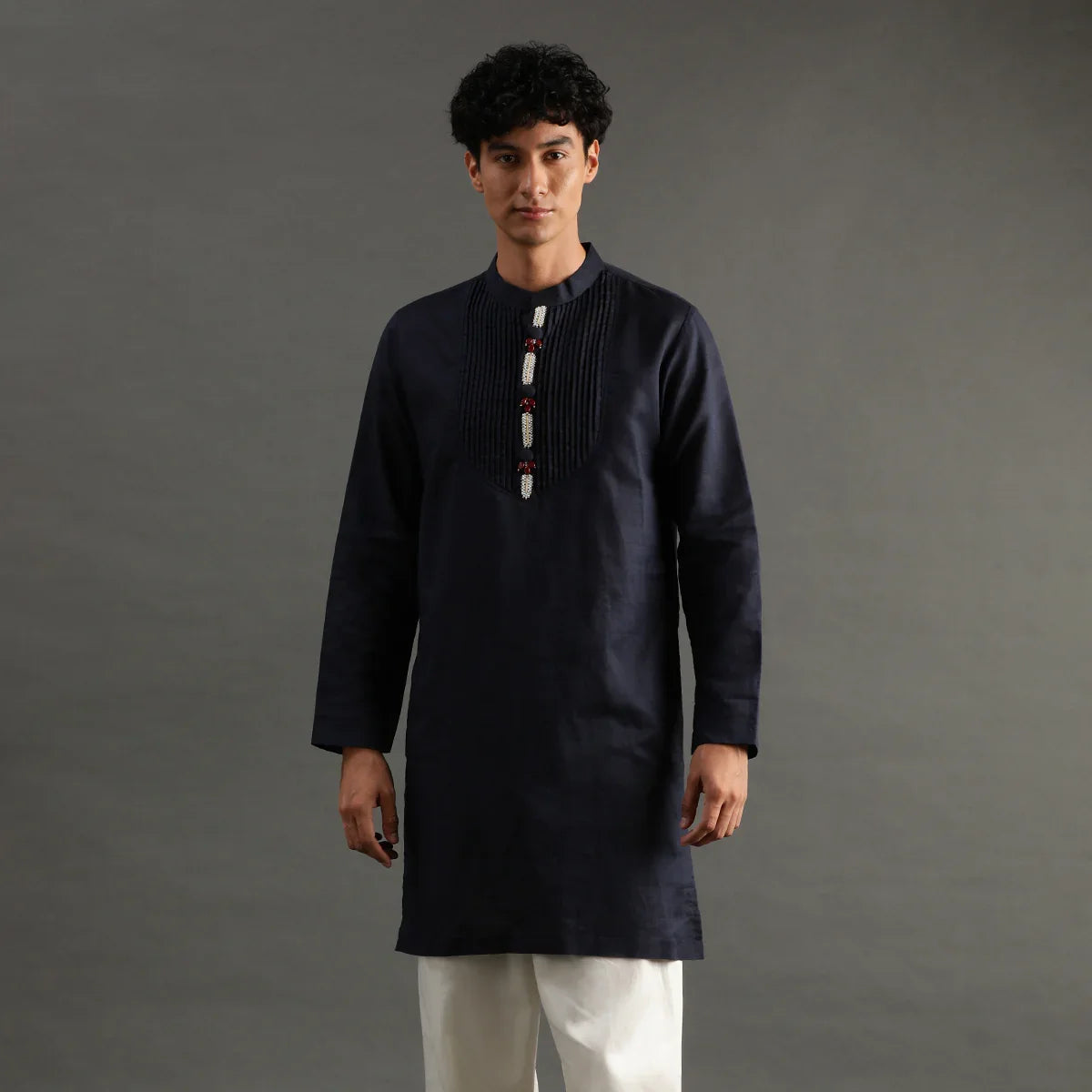 Navy Pintuck Linen Kurta Pyjama Set for Men