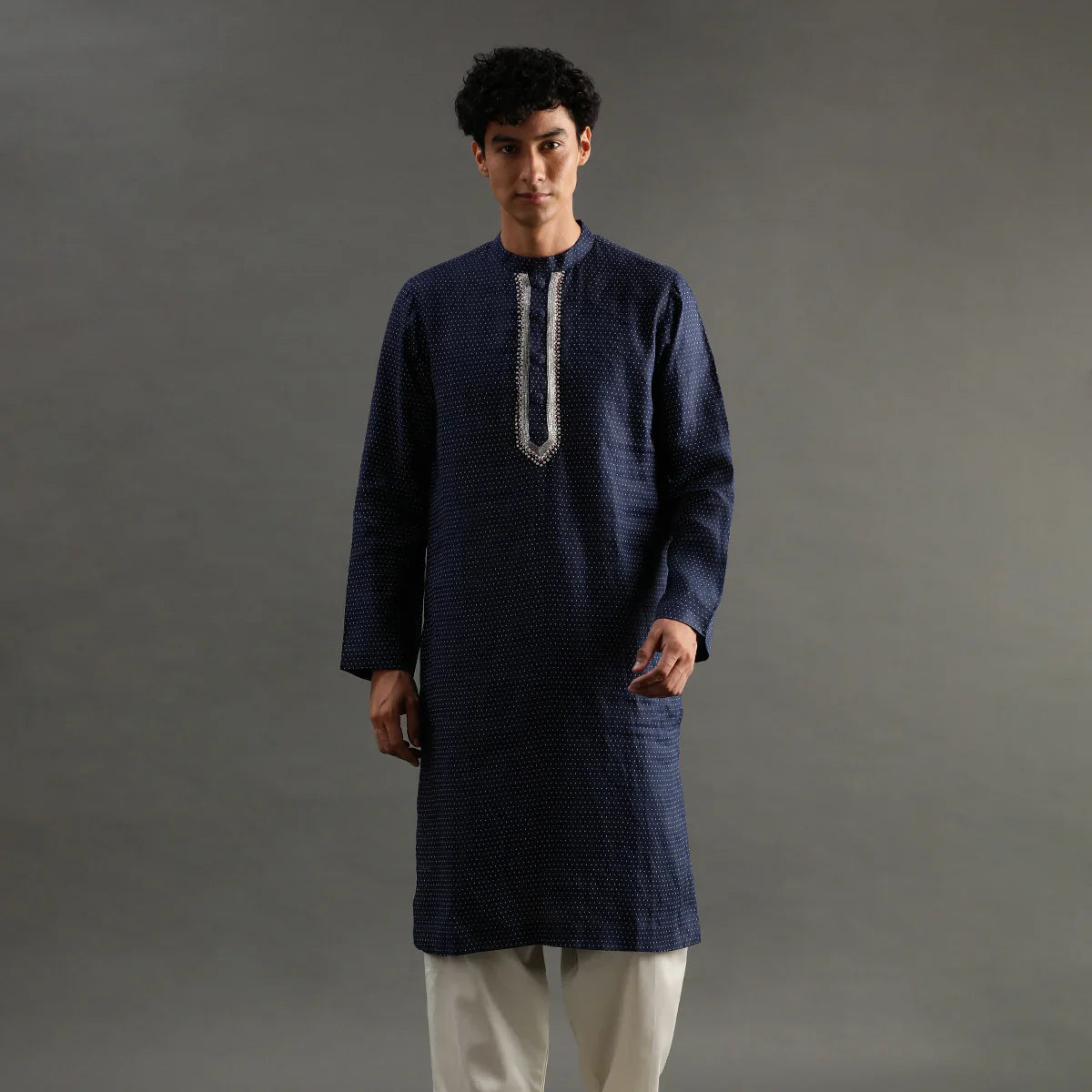 Navy Polka Dot Linen Kurta Pyjama Set for Men