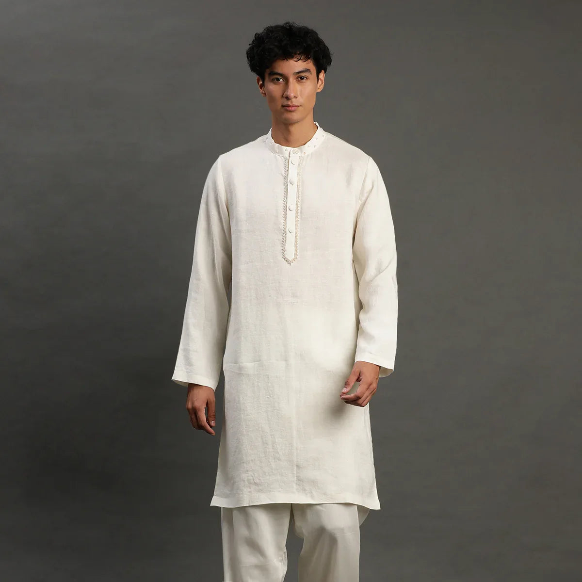 Off-White Linen Kurta Pyjama Set for Men