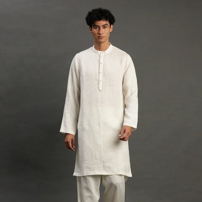Off-White Linen Kurta Pyjama Set for Men