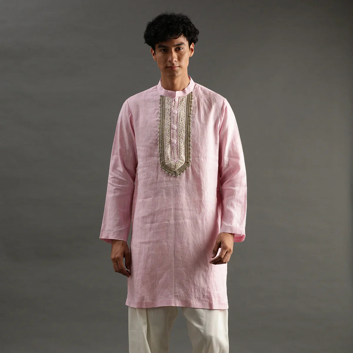 Light Pink Linen Kurta Pyjama Set with Hand Embroidery