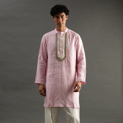 Light Pink Linen Kurta Pyjama Set with Hand Embroidery