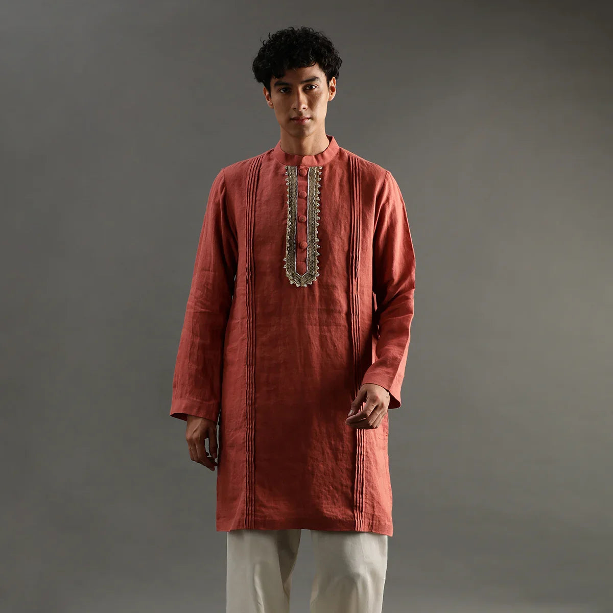 Rust Linen Kurta Pyjama Set with Hand Embroidery