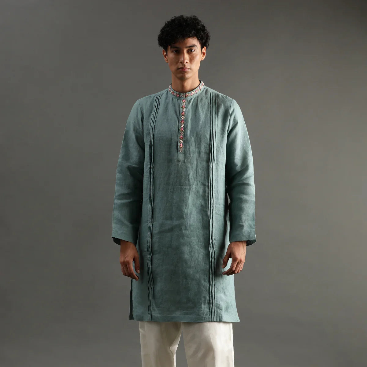 Sage Green Linen Kurta Pyjama Set with Hand Embroidery