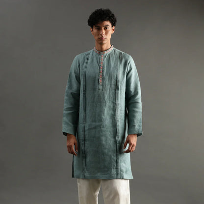 Sage Green Linen Kurta Pyjama Set with Hand Embroidery