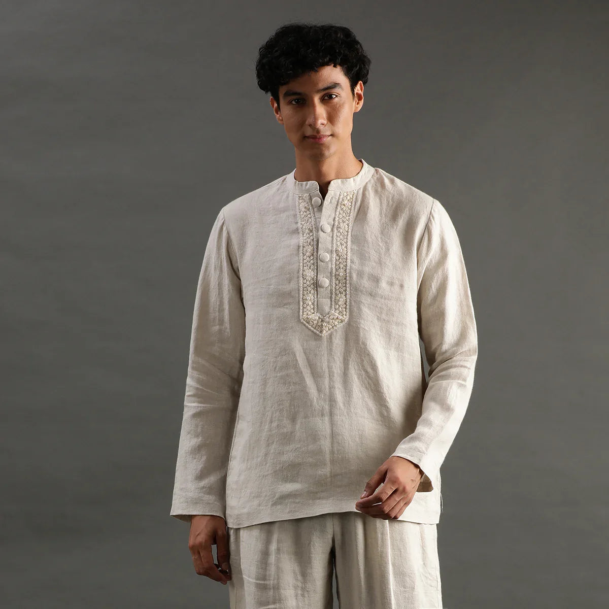 Beige Linen Short Kurta Pyjama Set with Embroidered Placket