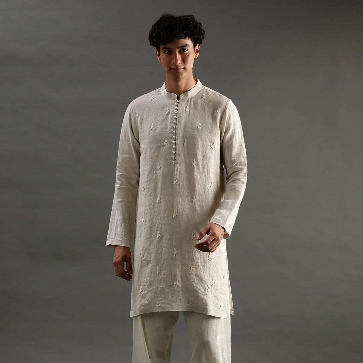 Beige Linen Embroidered Kurta Set with Cotton Pyjama