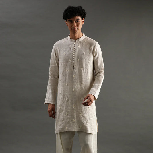Beige Linen Embroidered Kurta Set with Cotton Pyjama