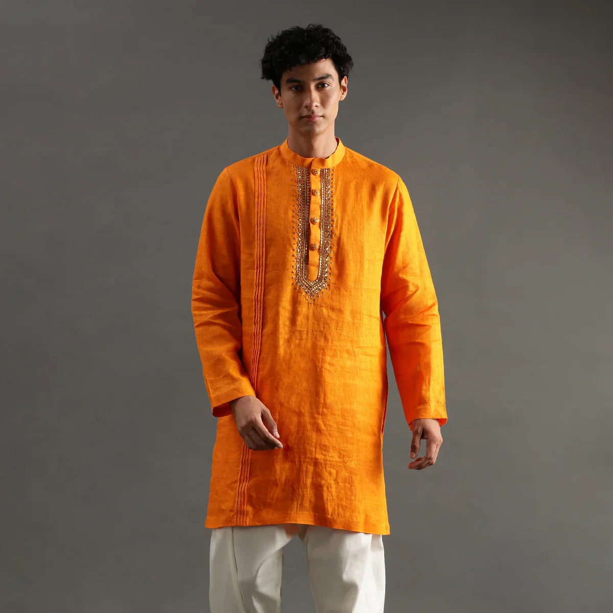 Orange Linen Kurta Set with Hand Embroidery