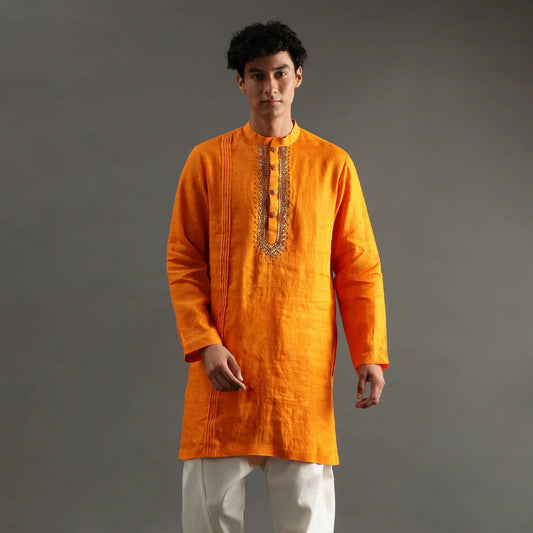 Orange Linen Kurta Set with Hand Embroidery