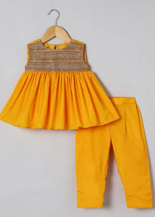 Yellow Zari Work Top & Pant Set