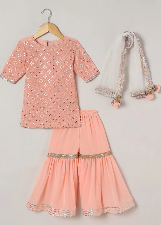 Peach Georgette Sharara Set with Mirror Work