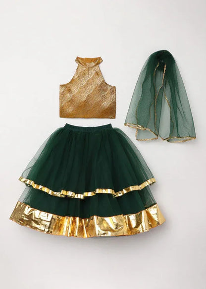 Girls Green & Gold Halter Neck Lehenga Set with Tulle Skirt & Dupatta