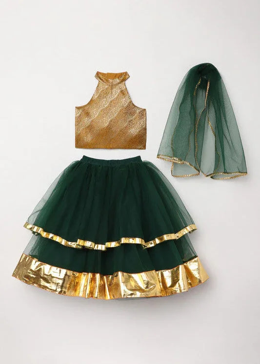 Girls Green & Gold Halter Neck Lehenga Set with Tulle Skirt & Dupatta