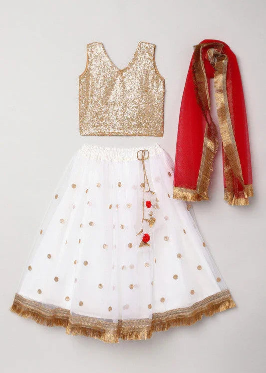 Girls White & Gold Sequin Lehenga Set with Red Dupatta