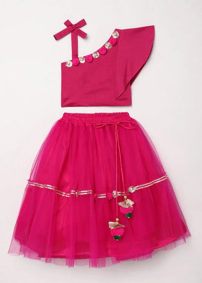 Girls Fuchsia Pink Chanderi Silk Lehenga Set with One-Shoulder Blouse