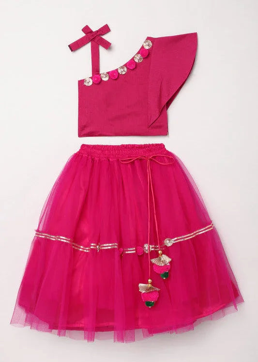 Girls Fuchsia Pink Chanderi Silk Lehenga Set with One-Shoulder Blouse
