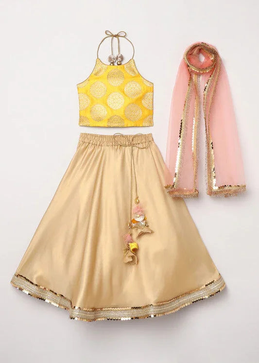 Girls Yellow & Gold Lehenga Set with Pink Dupatta & Halter Neck Blouse
