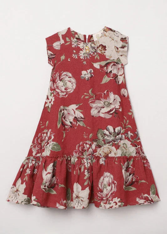 Red Blossom Floral Cotton Dress with Ruffled Hem for Girls