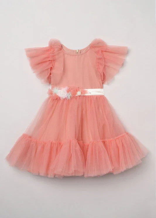 Peach Blossom Tulle Dress with Floral & Pearl Detailing