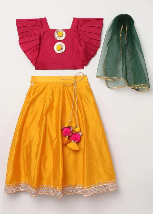 Girls Fuchsia & Yellow Chanderi Silk Lehenga Set with Mirror Work & Dupatta