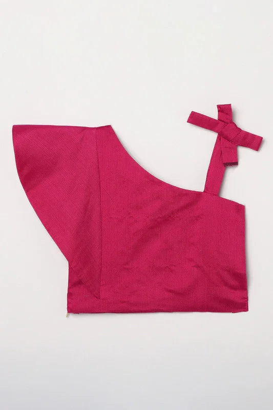 Girls Fuchsia Pink Chanderi Silk Lehenga Set with One-Shoulder Blouse