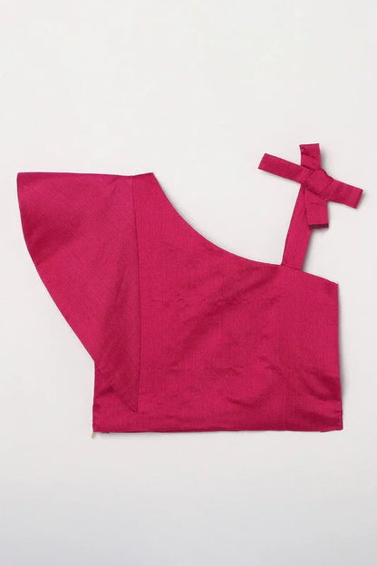 Girls Fuchsia Pink Chanderi Silk Lehenga Set with One-Shoulder Blouse