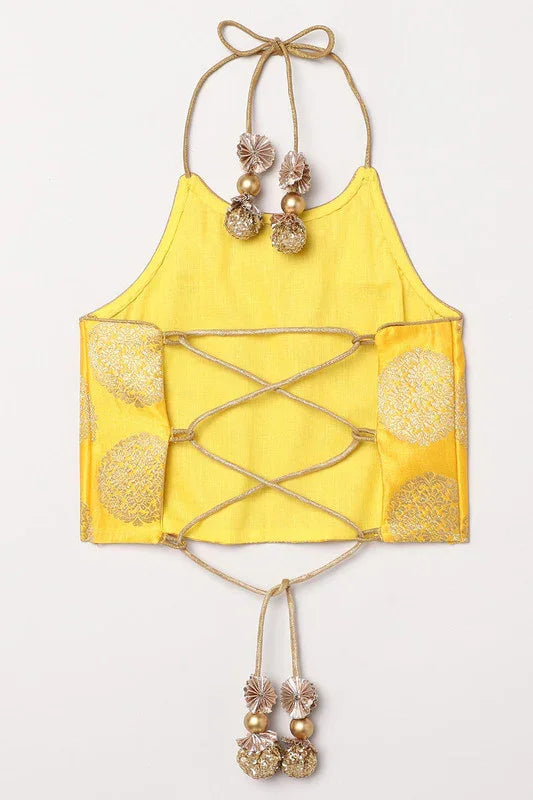 Girls Yellow & Gold Lehenga Set with Pink Dupatta & Halter Neck Blouse