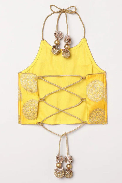 Girls Yellow & Gold Lehenga Set with Pink Dupatta & Halter Neck Blouse