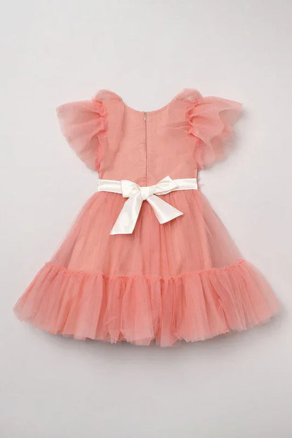 Peach Blossom Tulle Dress with Floral & Pearl Detailing