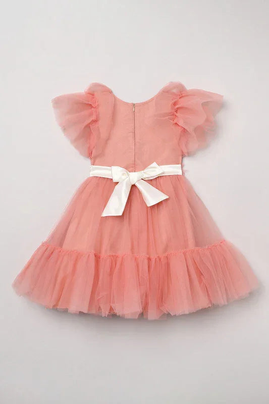 Peach Blossom Tulle Dress with Floral & Pearl Detailing
