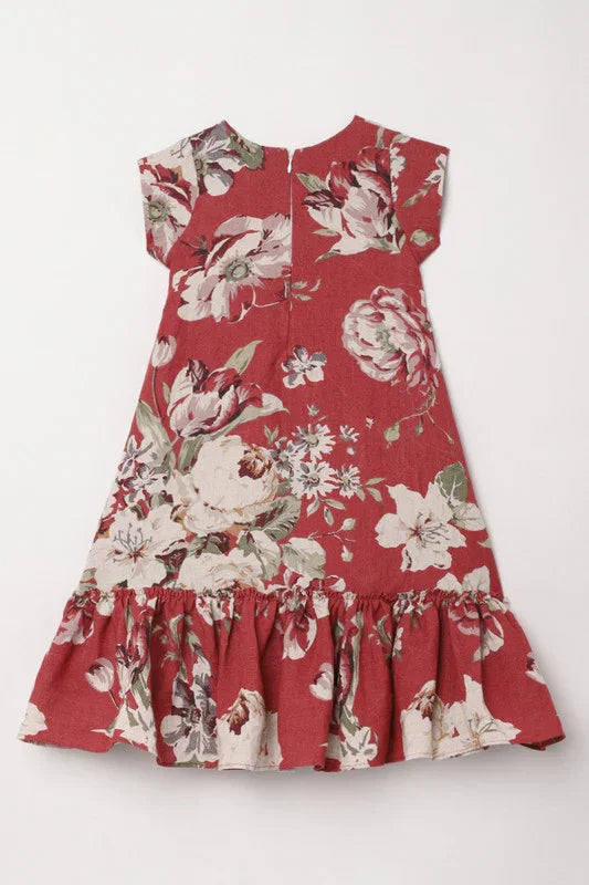 Red Blossom Floral Cotton Dress with Ruffled Hem for Girls