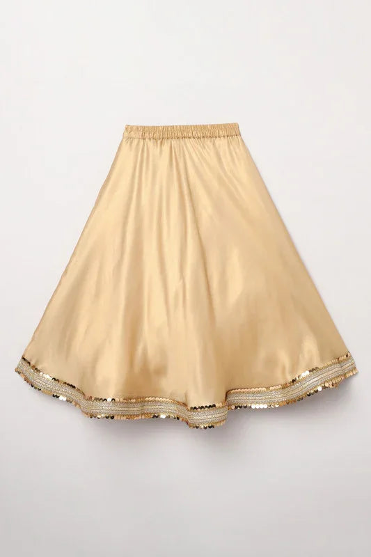 Girls Yellow & Gold Lehenga Set with Pink Dupatta & Halter Neck Blouse