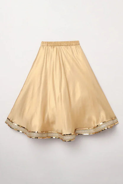 Girls Yellow & Gold Lehenga Set with Pink Dupatta & Halter Neck Blouse