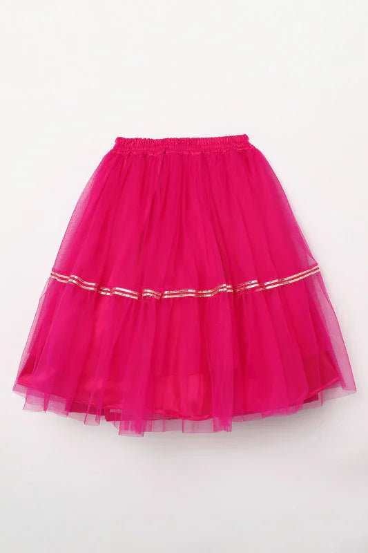 Girls Fuchsia Pink Chanderi Silk Lehenga Set with One-Shoulder Blouse